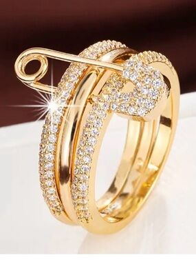 Gold Crystal Safety Pin  Stackable Ring - Women Jewelry